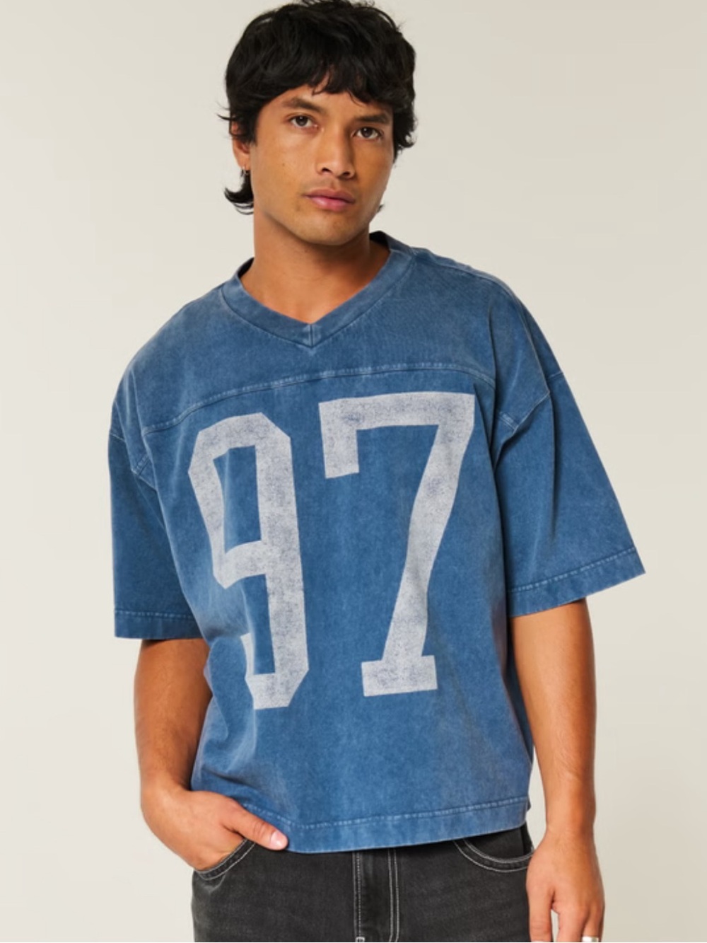 Hollister Men's Blue V-Neck '97 Graphic Tee